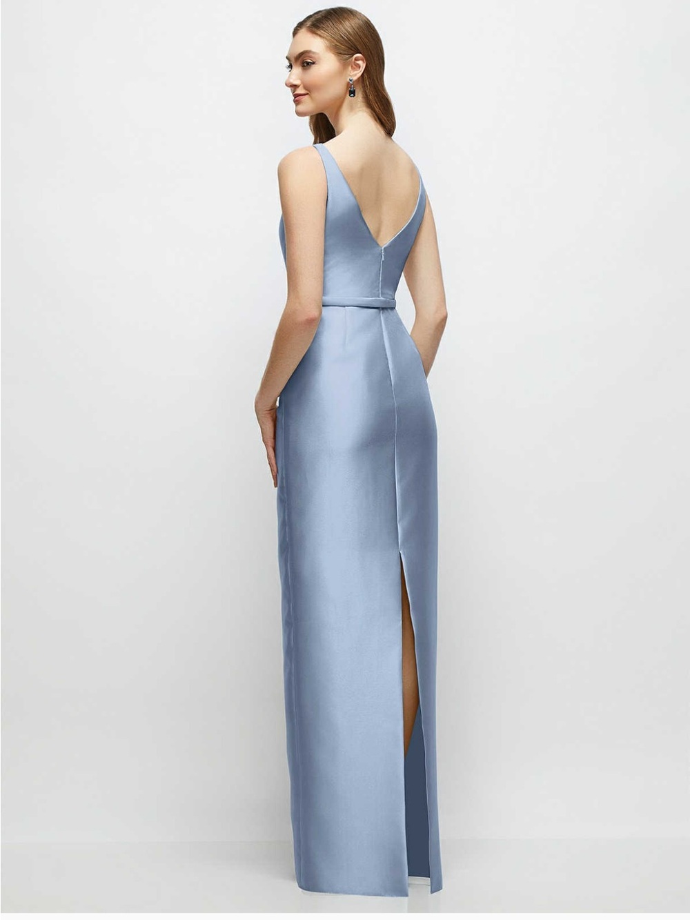 Dessy Elegant Sleeveless Light Blue Satin Maxi Dress with Belt- NWT - Picture 2 of 9